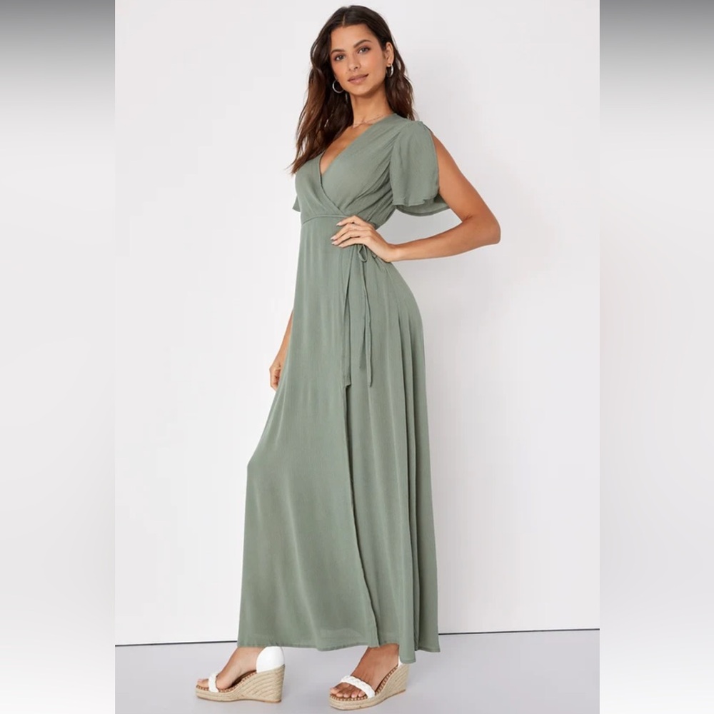 Lulu’s Much Obliged Washed Olive Green Maxi Wrap Dress